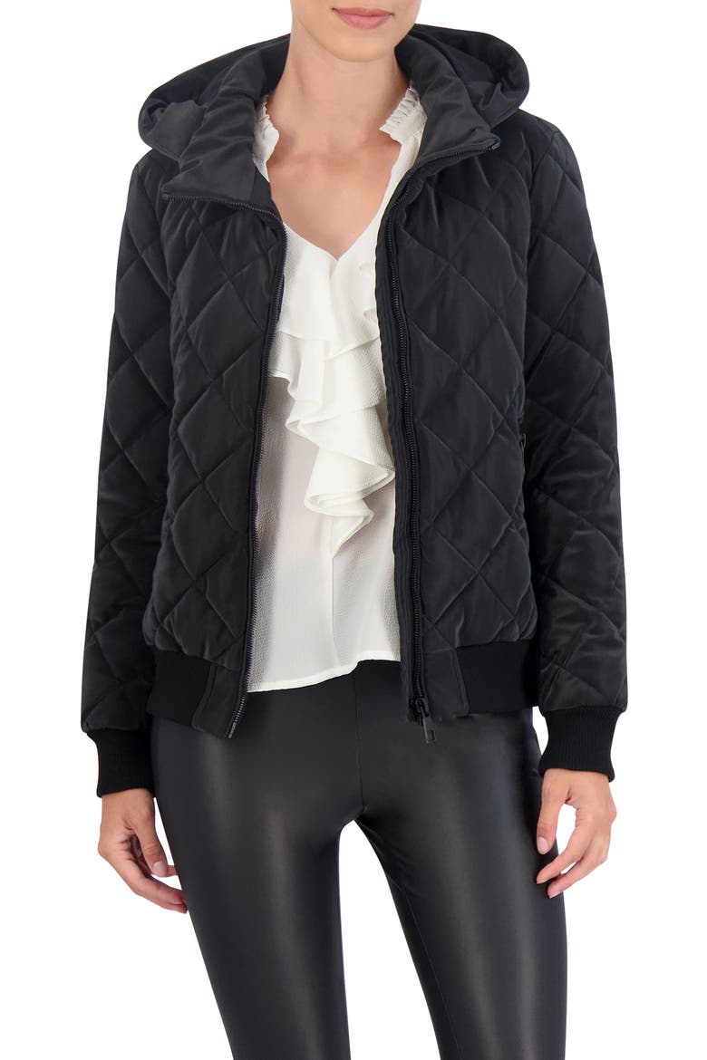 Water Resistant Hooded Quilted Bomber Jacket, Alternate, color, BLACK
