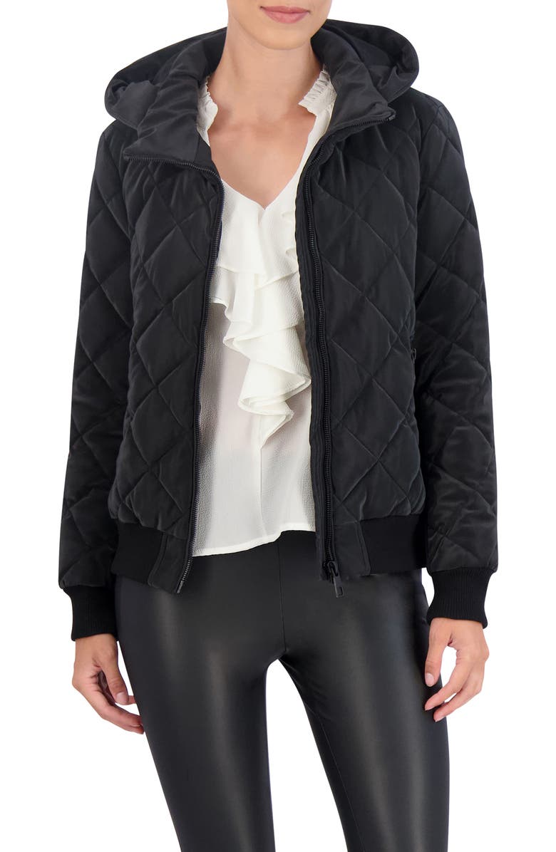 Ookie & Lala Water Resistant Hooded Quilted Bomber Jacket, Alternate, color, Black