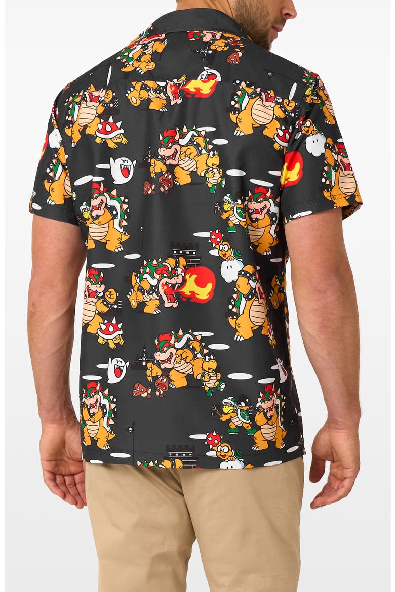 Bowser Mayhem Button Front Short Sleeve Shirt, Alternate, color, BLACK