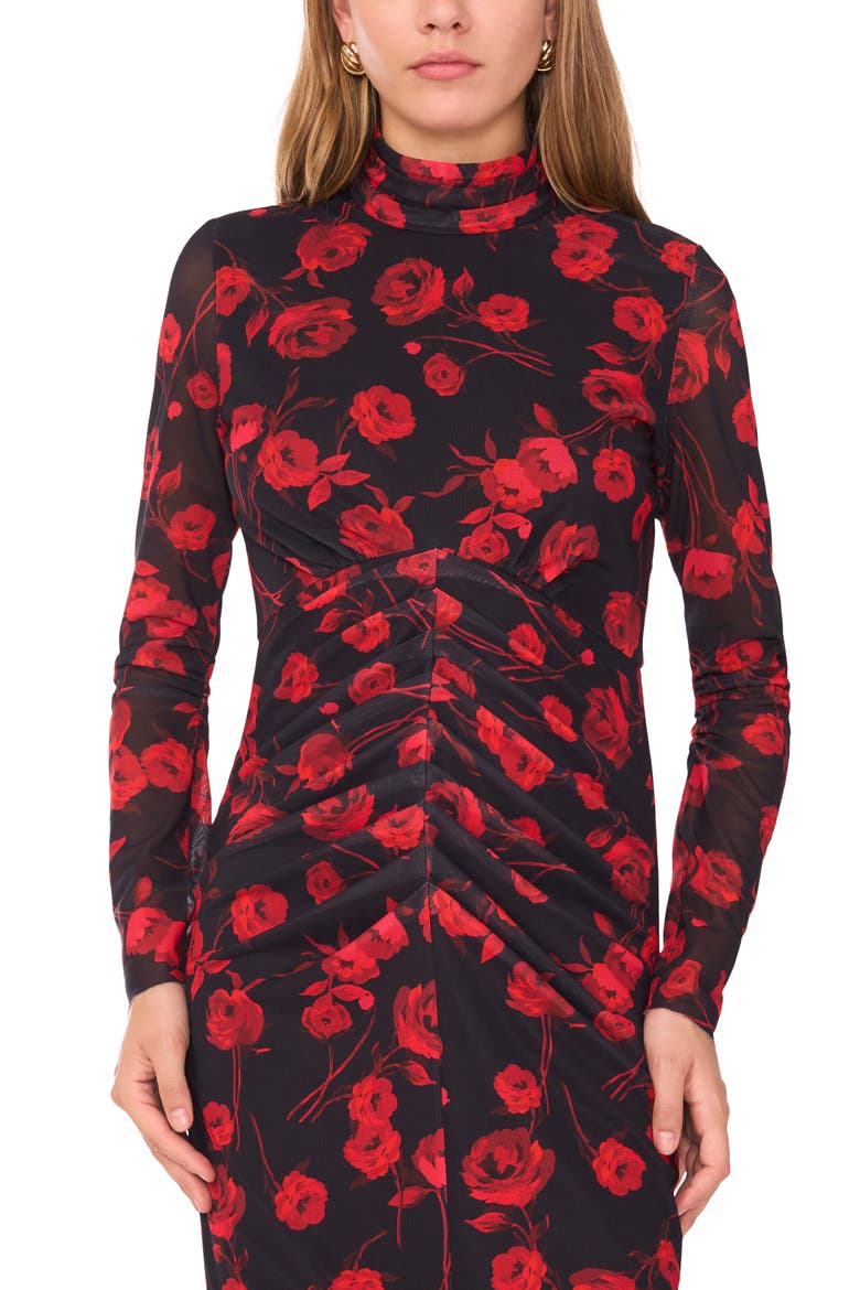 Print Long Sleeve Mesh Midi Dress, Alternate, color, RICH BLACK