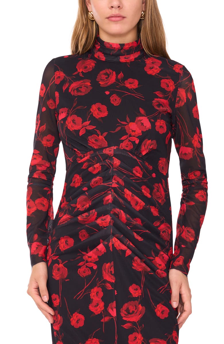 1.STATE Print Long Sleeve Mesh Midi Dress, Alternate, color, Rich Black