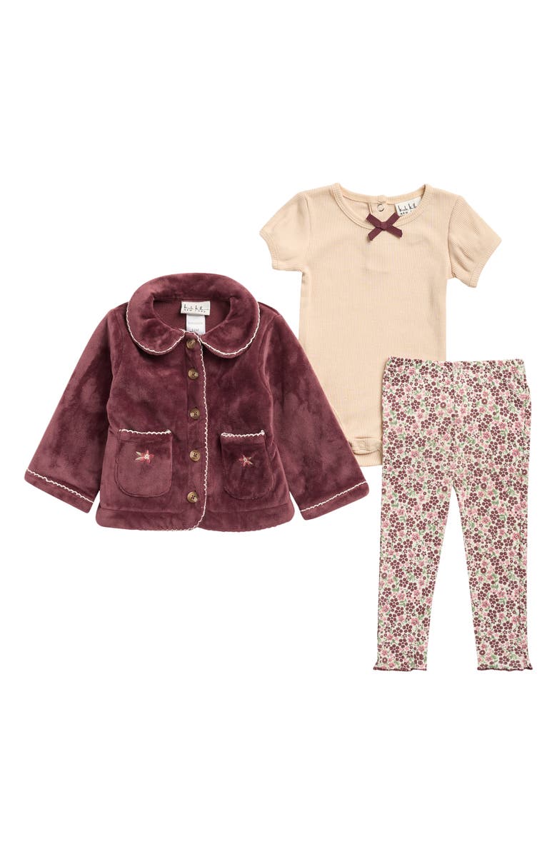 Nicole Miller Floral Embroidered Fleece Jacket, Bodysuit & Leggings Set, Main, color, 