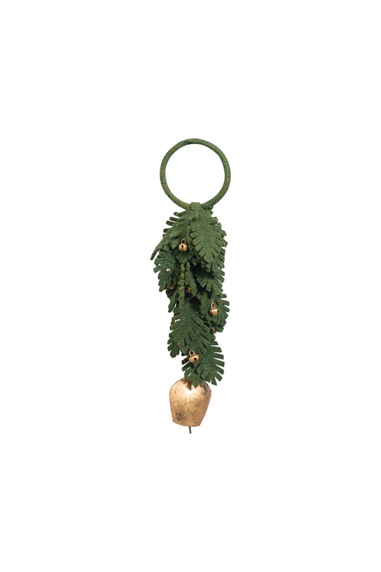 Handmade Wool Felt Leaves Door Hanger with Metal Bells, Main, color, Green and Gold Finish