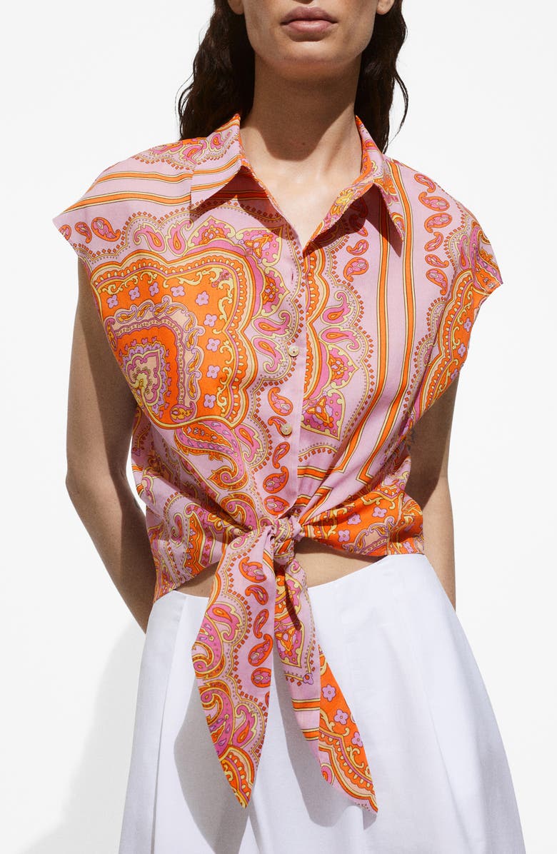 MANGO Paisley Tie Waist Button-Up Shirt, Main, color,