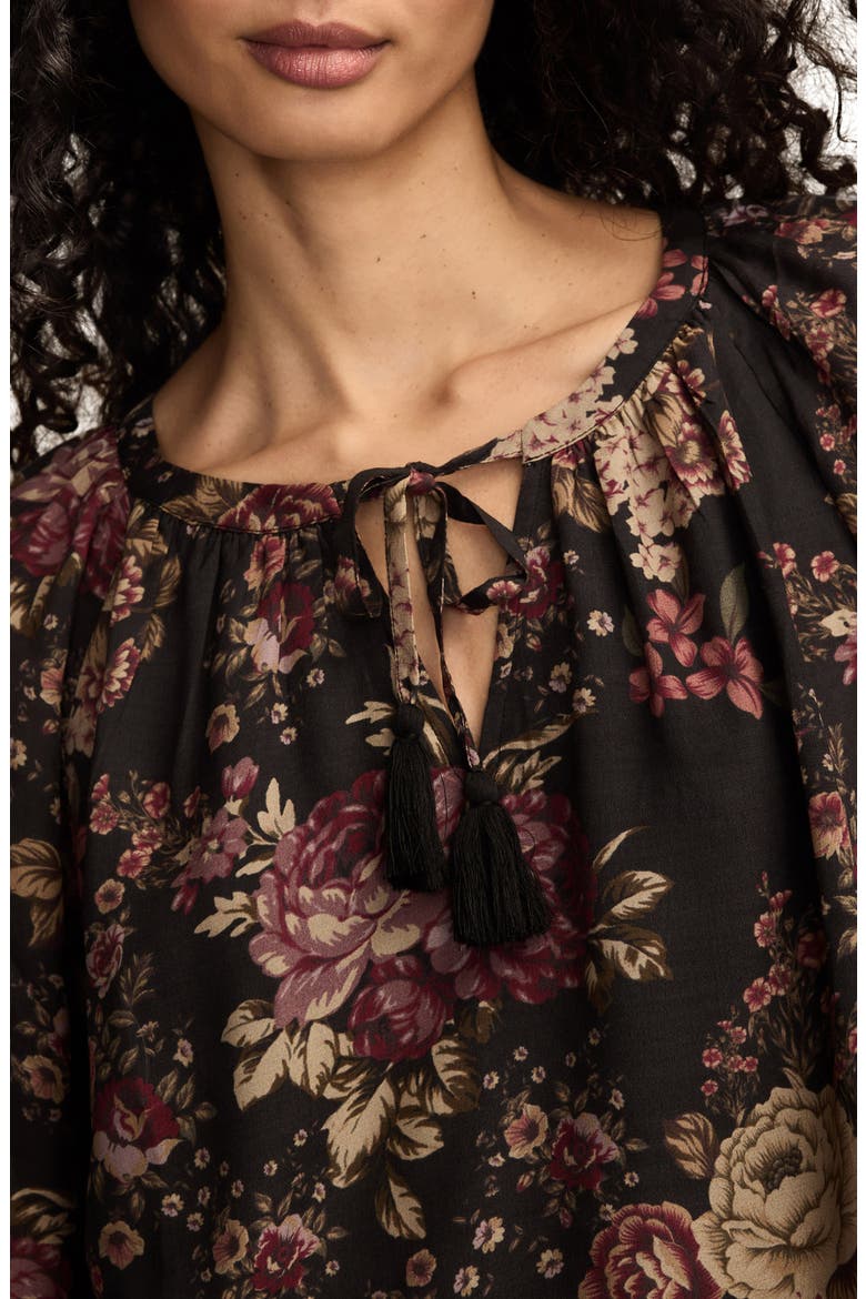 Floral Print Tie Neck Top, Alternate, color, BLACK/ MULTI