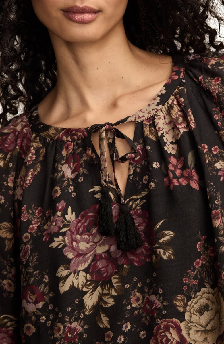 Lucky Brand Floral Print Tie Neck Top, Alternate, color, Black/ Multi