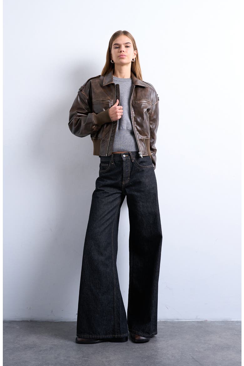 Faux Leather Ovoid Sleeve Bomber Jacket, Alternate, color, BROWN