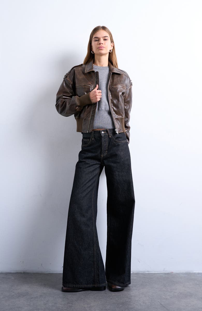 Topshop Faux Leather Ovoid Sleeve Bomber Jacket, Alternate, color, Brown