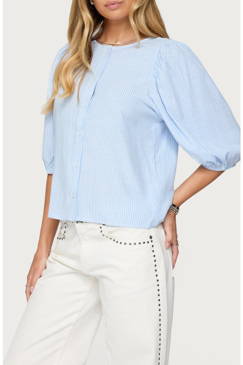 Crop Pinstripe Button-Up Shirt, Alternate, color, LIGHT-BLUE