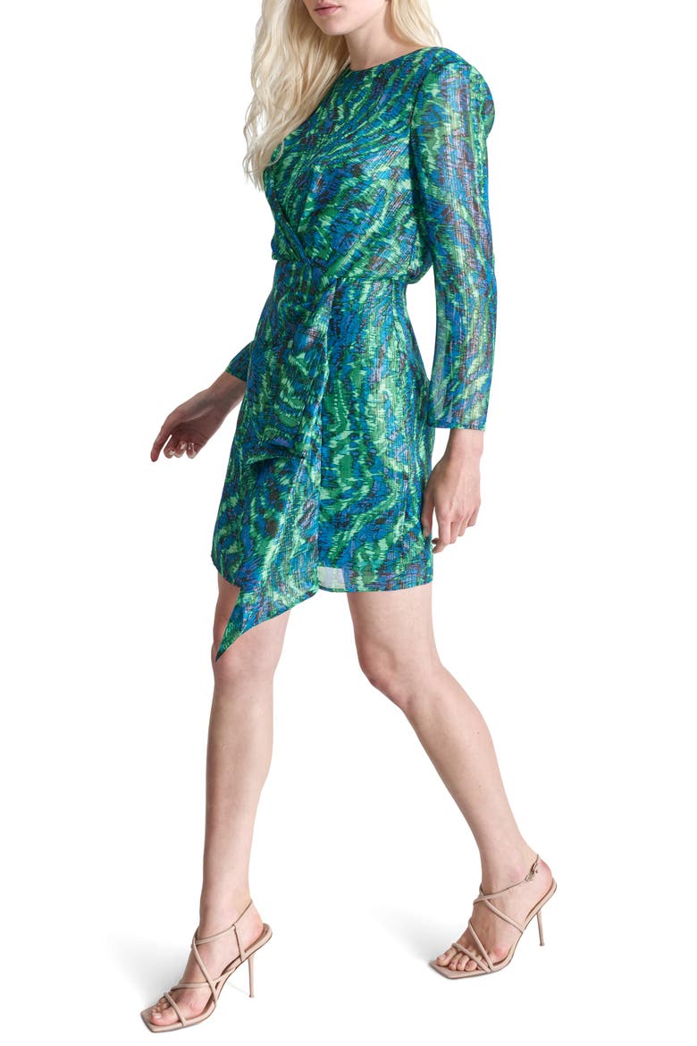 Long Sleeve Side Drape Dress, Alternate, color, BLACK/ BLUE/ GREEN