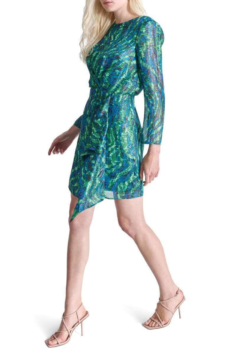 DKNY Long Sleeve Side Drape Dress, Alternate, color, Black/ Blue/ Green