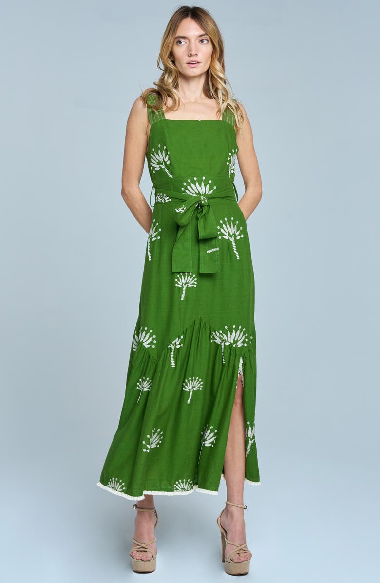 CIEBON Sadira Embroidered Tie Belt Tiered Sundress, Alternate, color, Green