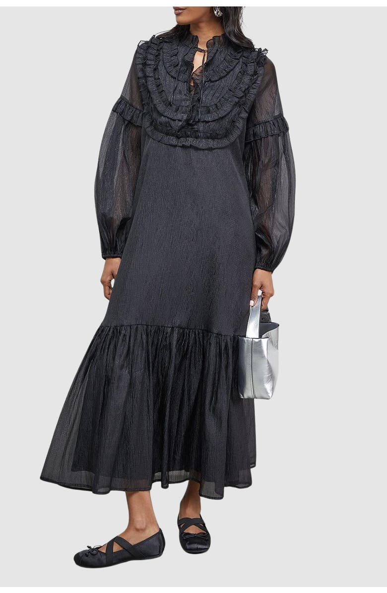 Warehouse Crinkle Stripe Frill Midi Dress, Alternate, color, Black