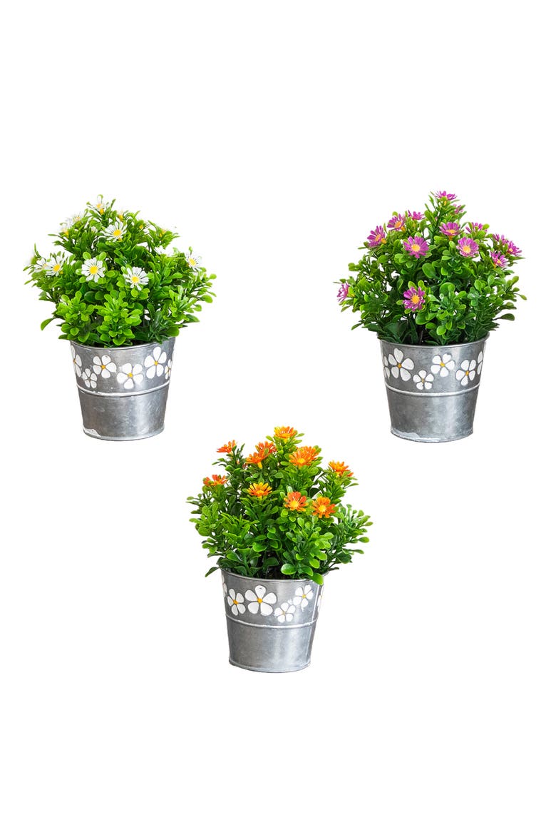8-in Artificial Daisy Plant in Decorative Daisy Tin Planter - Set of 3, Main, color, Assortment 1