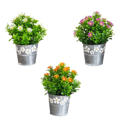 8-in Artificial Daisy Plant in Decorative Daisy Tin Planter - Set of 3