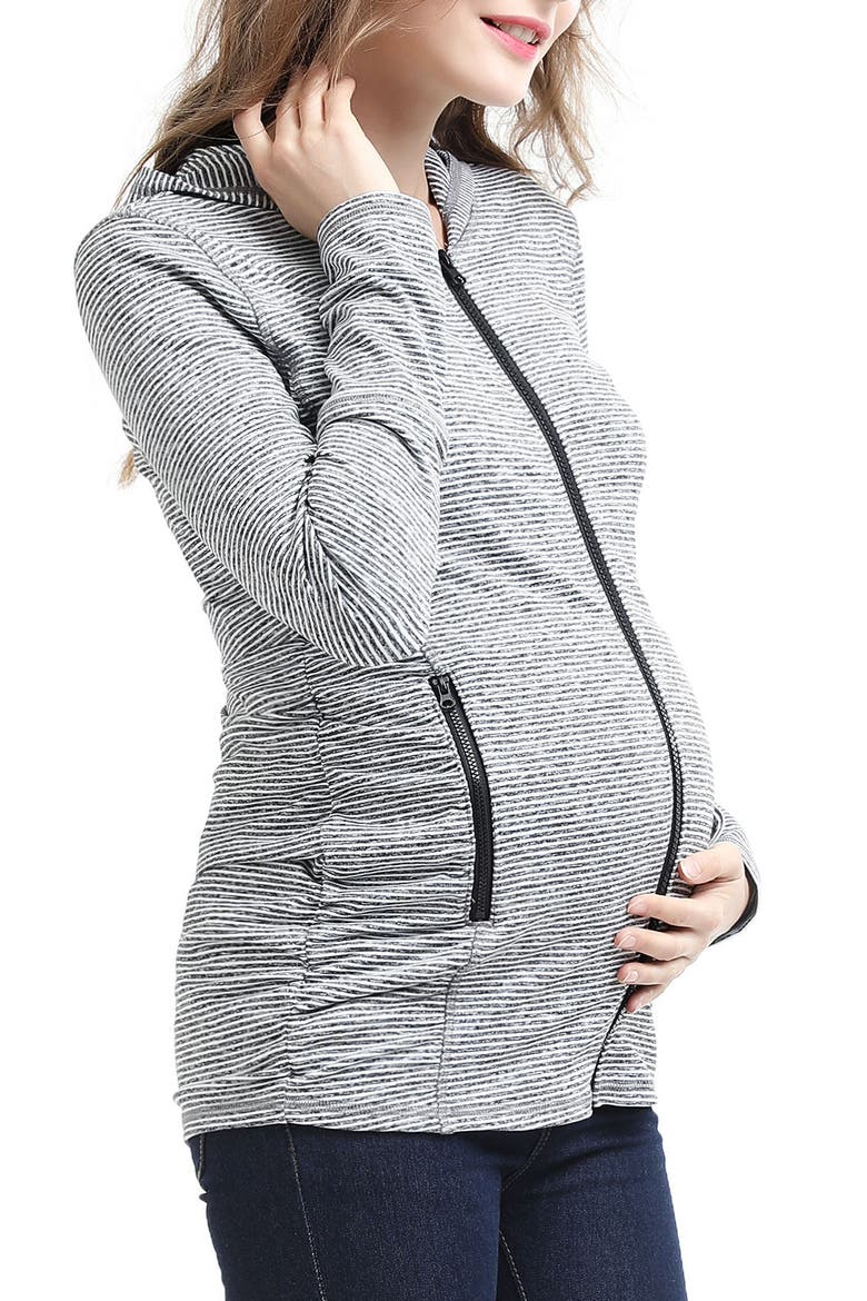 Haven Stripe Ruched Maternity Hoodie, Alternate, color, BLACK