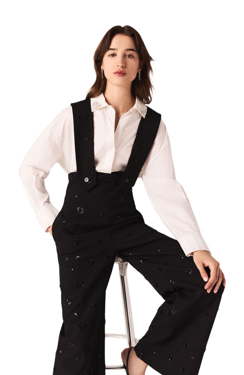 maje Embroidered trousers with braces, Alternate, color, Black