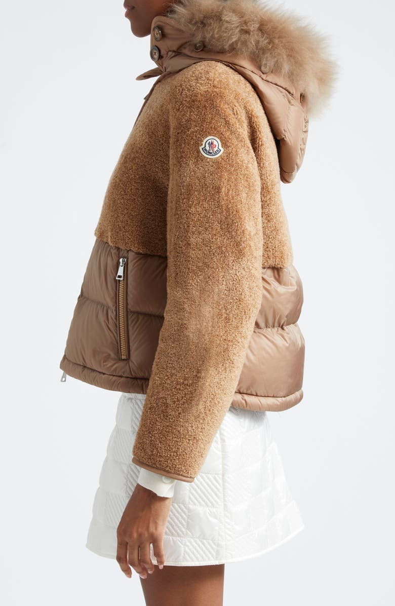 Moncler Marne Mixed Media Down Jacket with Removable Genuine Goat Hair Trim Hood, Alternate, color,