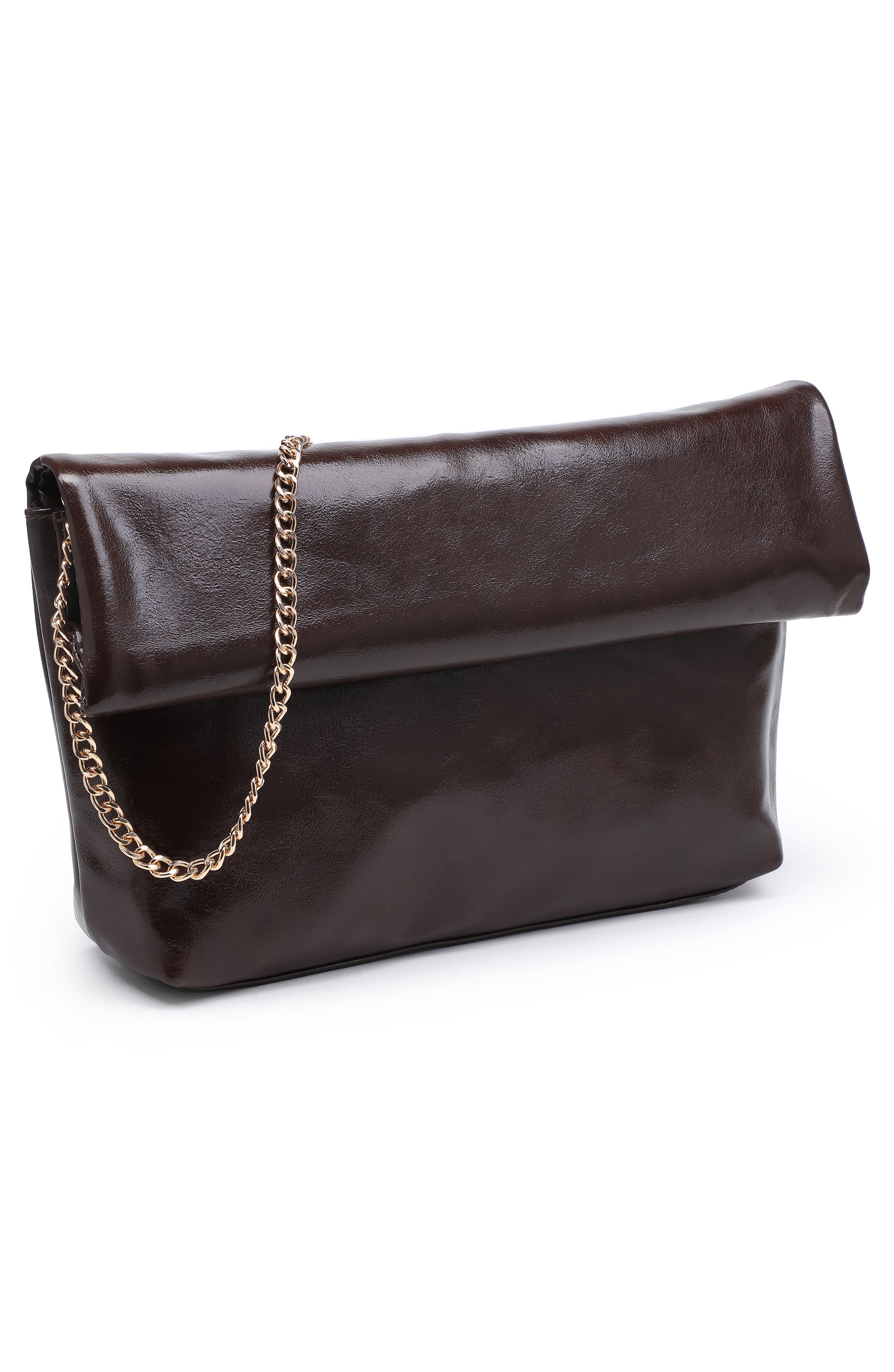 Faux Leather Foldover Clutch, Alternate, color, CHOCOLATE