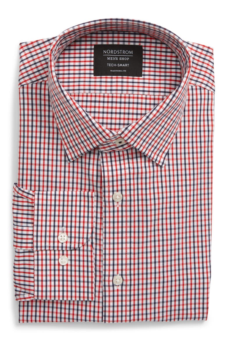 Tech-Smart Traditional Fit Check Dress Shirt, Main, color, RED BLAZE