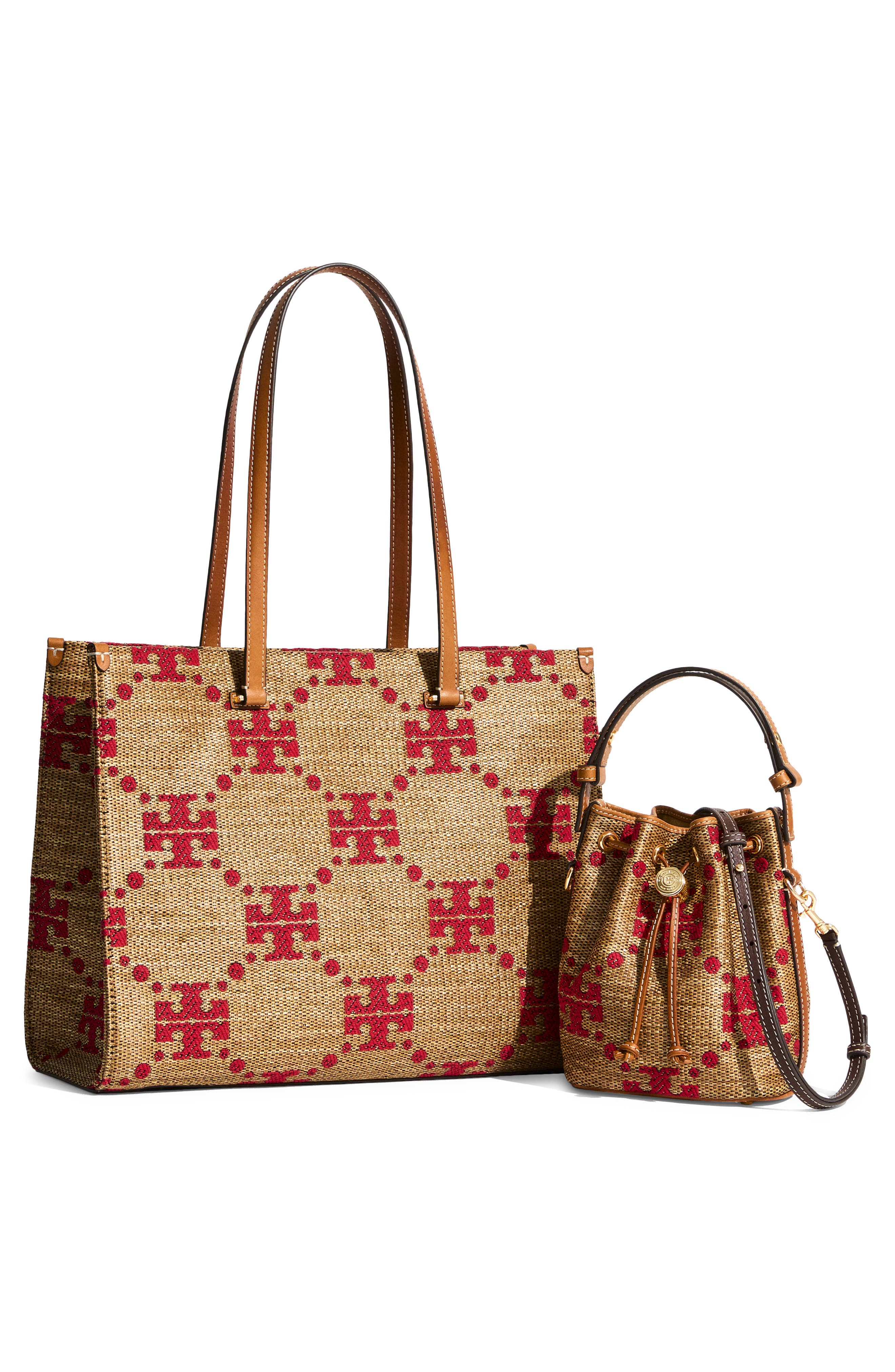 Tory Burch T Monogram Straw Bucket Bag, Alternate, color, Natural