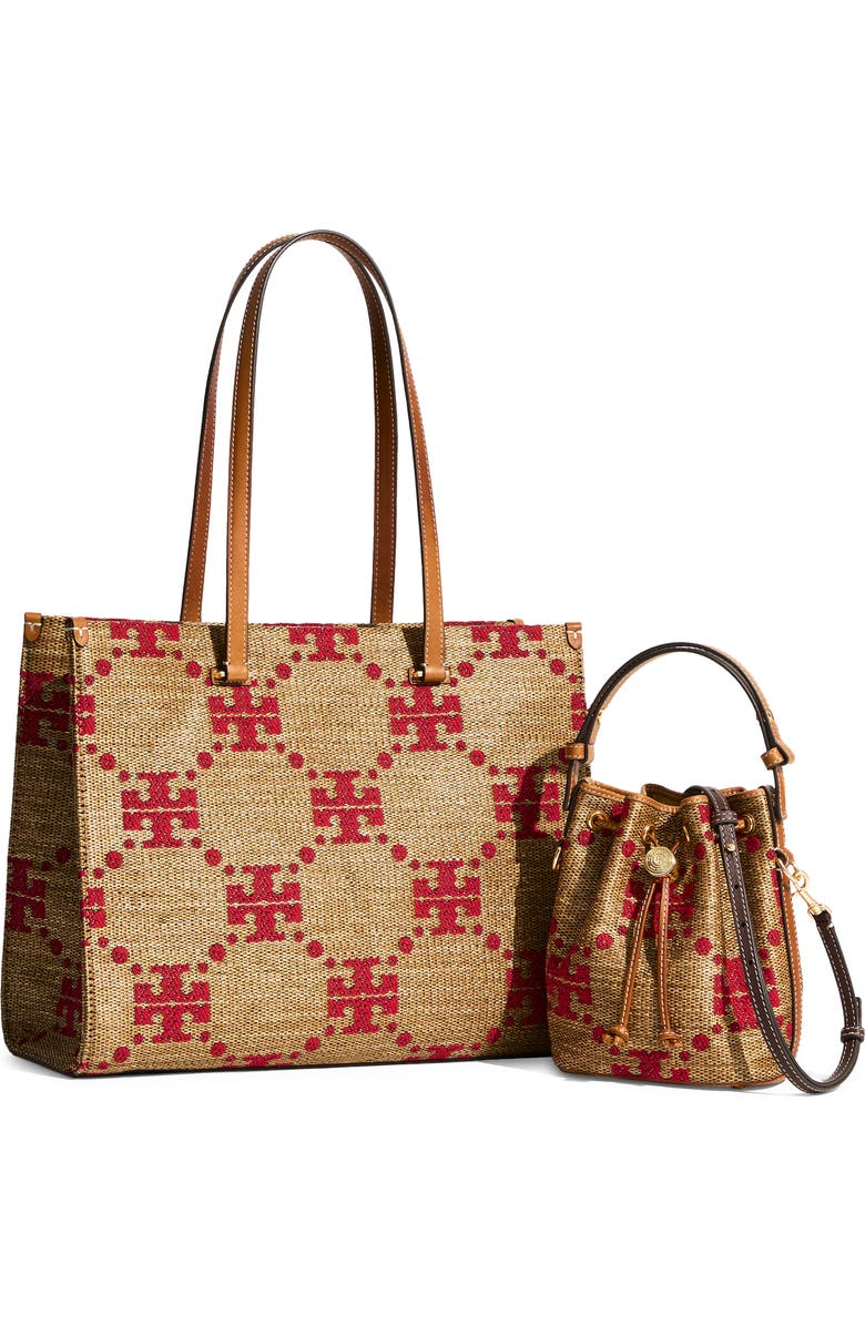 Tory Burch T Monogram Straw Bucket Bag, Alternate, color, Natural