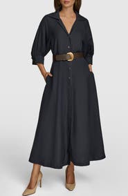 Donna Karan New York Belted Linen Blend Midi Shirtdress