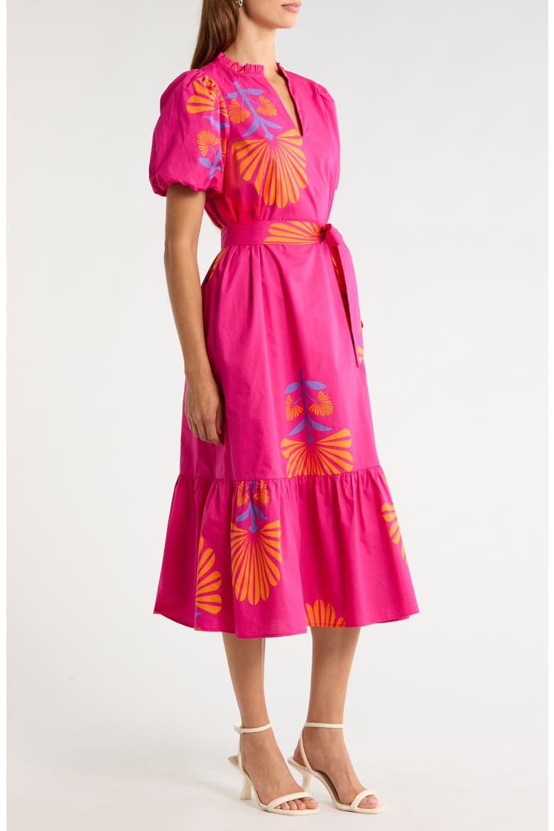 Melian Placed Floral Tiered Cotton Midi Dress, Alternate, color, FUCHSIA-ORANGE