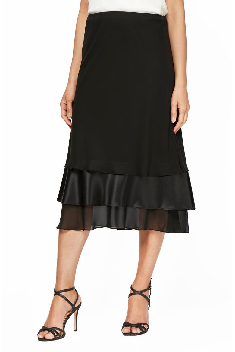 Tiered Chiffon & Satin Midi Skirt, Main, color, BLACK