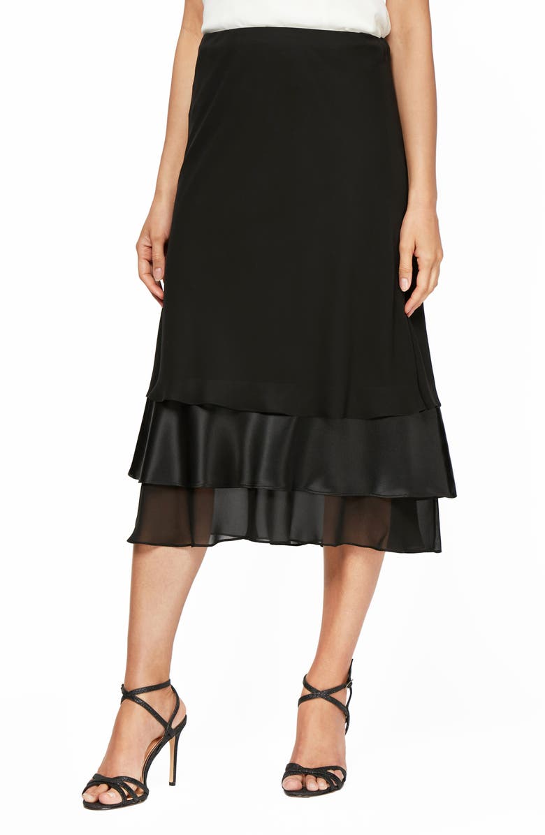 Alex Evenings Tiered Chiffon & Satin Midi Skirt, Main, color,