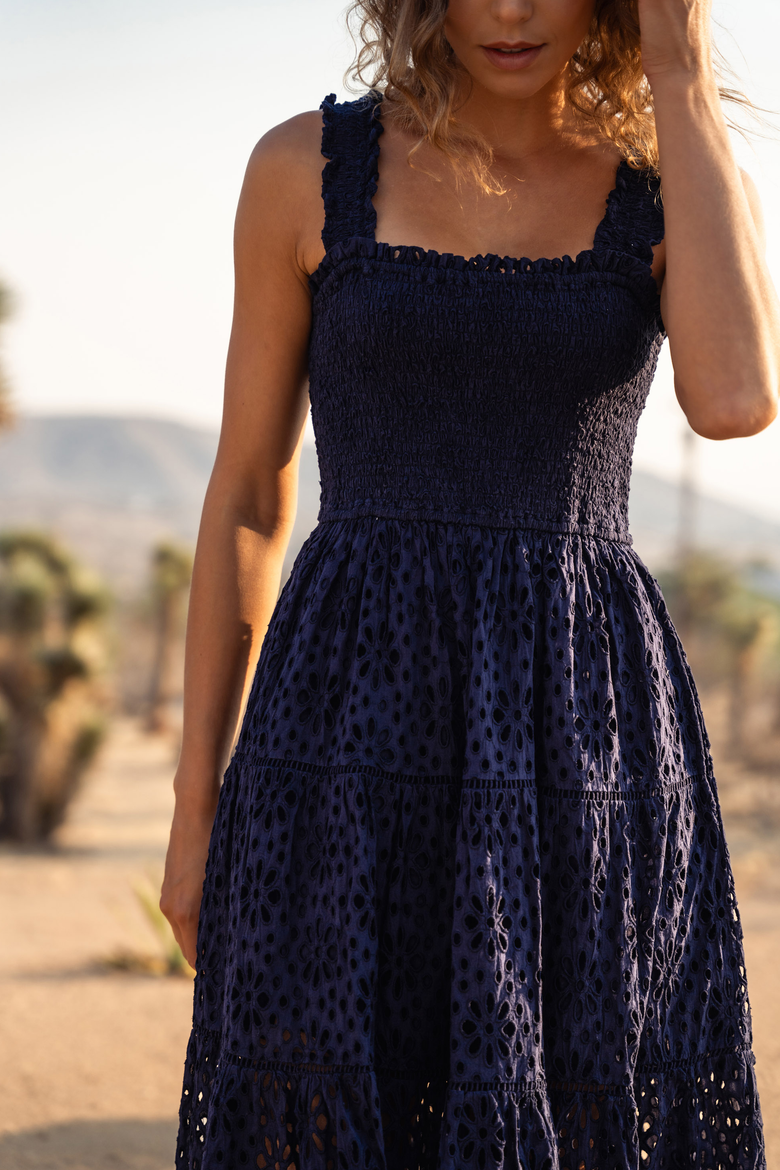 Kristen Sleeveless Smocked Eyelet Midi Dress, Alternate, color, Navy Seaside Eyelet