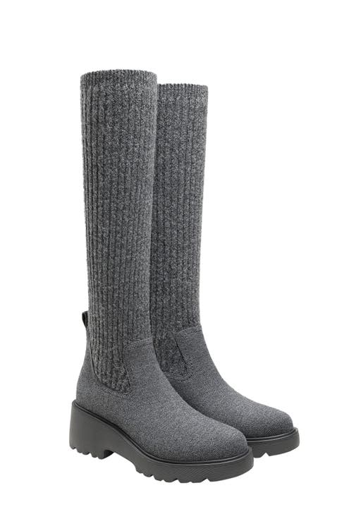Eduarda Round-Toe Knee-High Platform Chunky Wool Wedge Boots