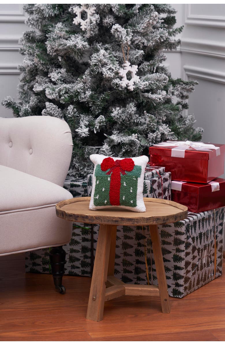C&F Home Dotted Christmas Present Red Bow Hooked Mini Accent Pillow 8" x 8", Alternate, color, 