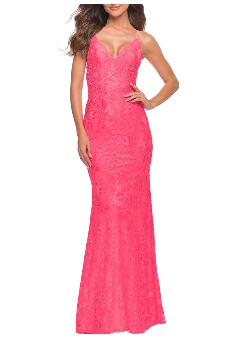 La Femme Lace Prom Dress with Illusion Embellished Sides in Neon Colors, Alternate, color, Neon Pink