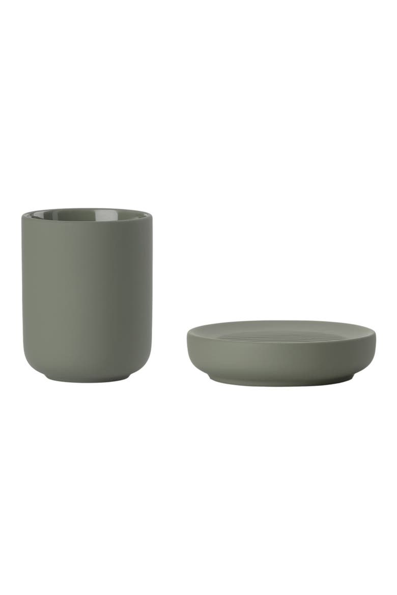 Ume Soap Dish & Toothbrush Mug Stoneware Set, Main, color, OLIVE GREEN