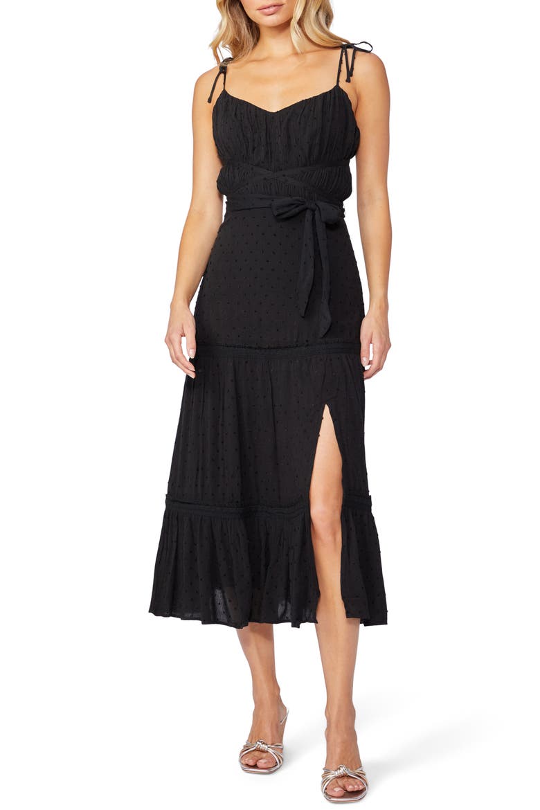 Inesa Tie Strap Ruffle Midi Dress, Main, color, BLACK