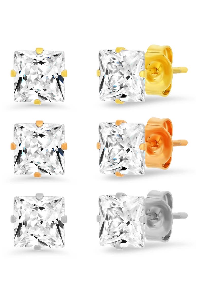 3-Pack Cubic Zirconia Square Stud Earrings, Main, color, METALLIC-YELLOW-ROSE