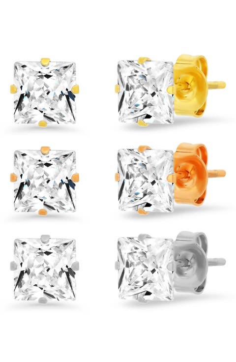 3-Pack Cubic Zirconia Square Stud Earrings