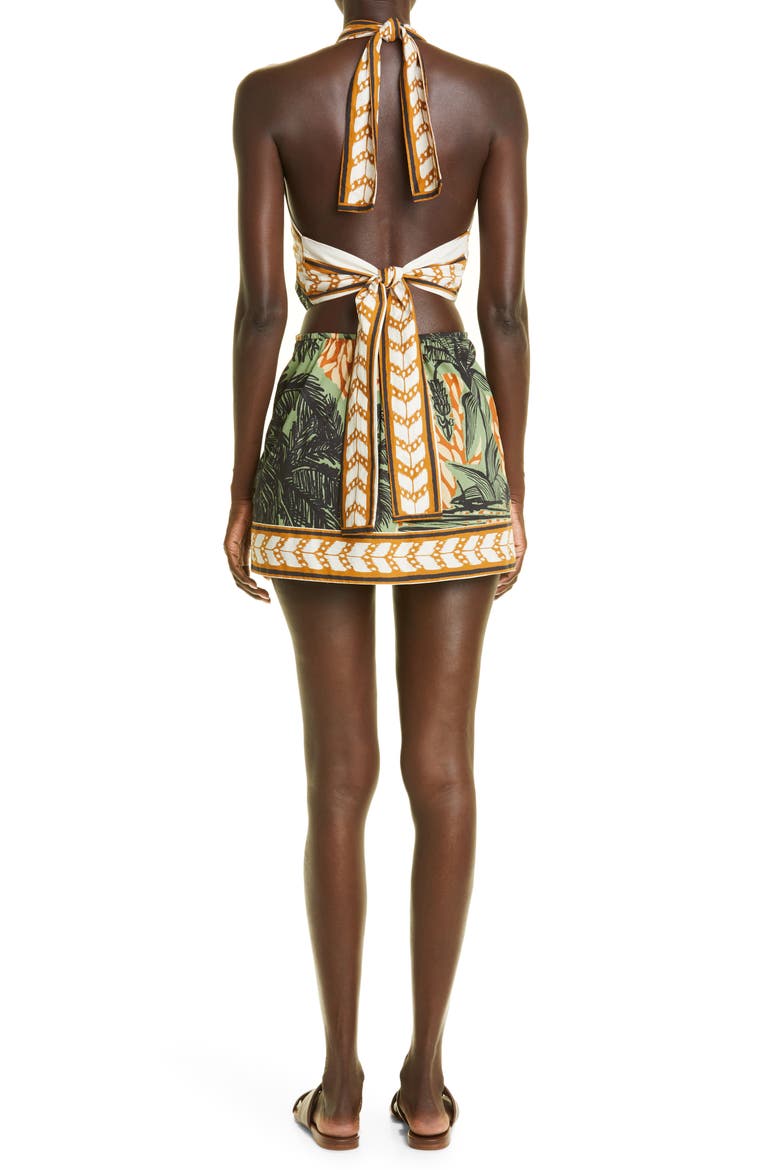 Reminders of Paradise Tropical Print Cutout Cotton Minidress, Alternate, color, TOILE CHOCOLATE/ GREENERY