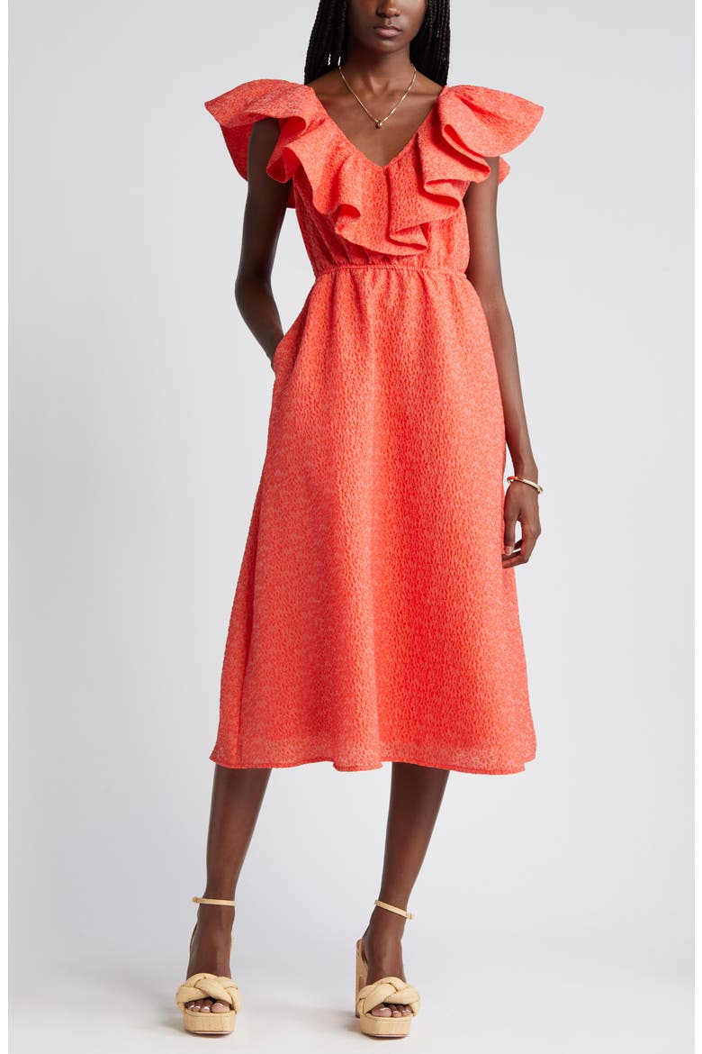 Ruffle Puckered Midi Dress, Alternate, color, RED GRENADINE
