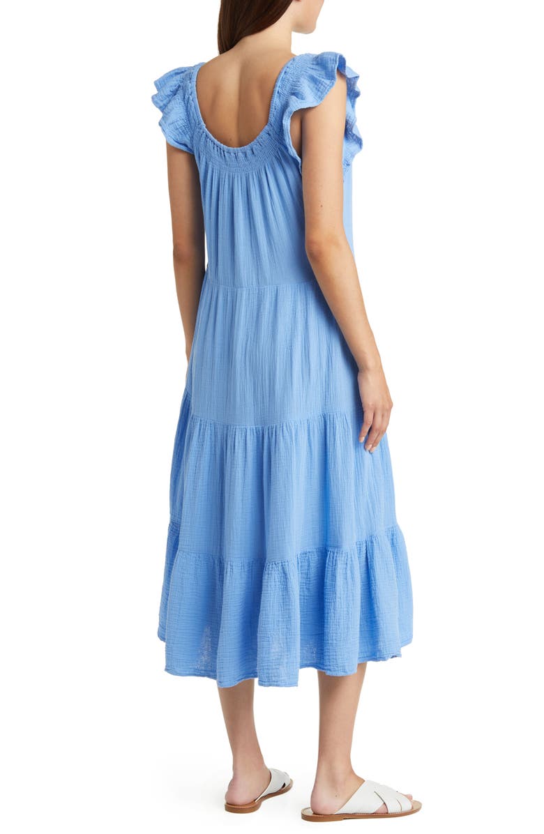 beachlunchlounge Flutter Sleeve Tiered Cotton Gauze Midi Dress, Alternate, color, 