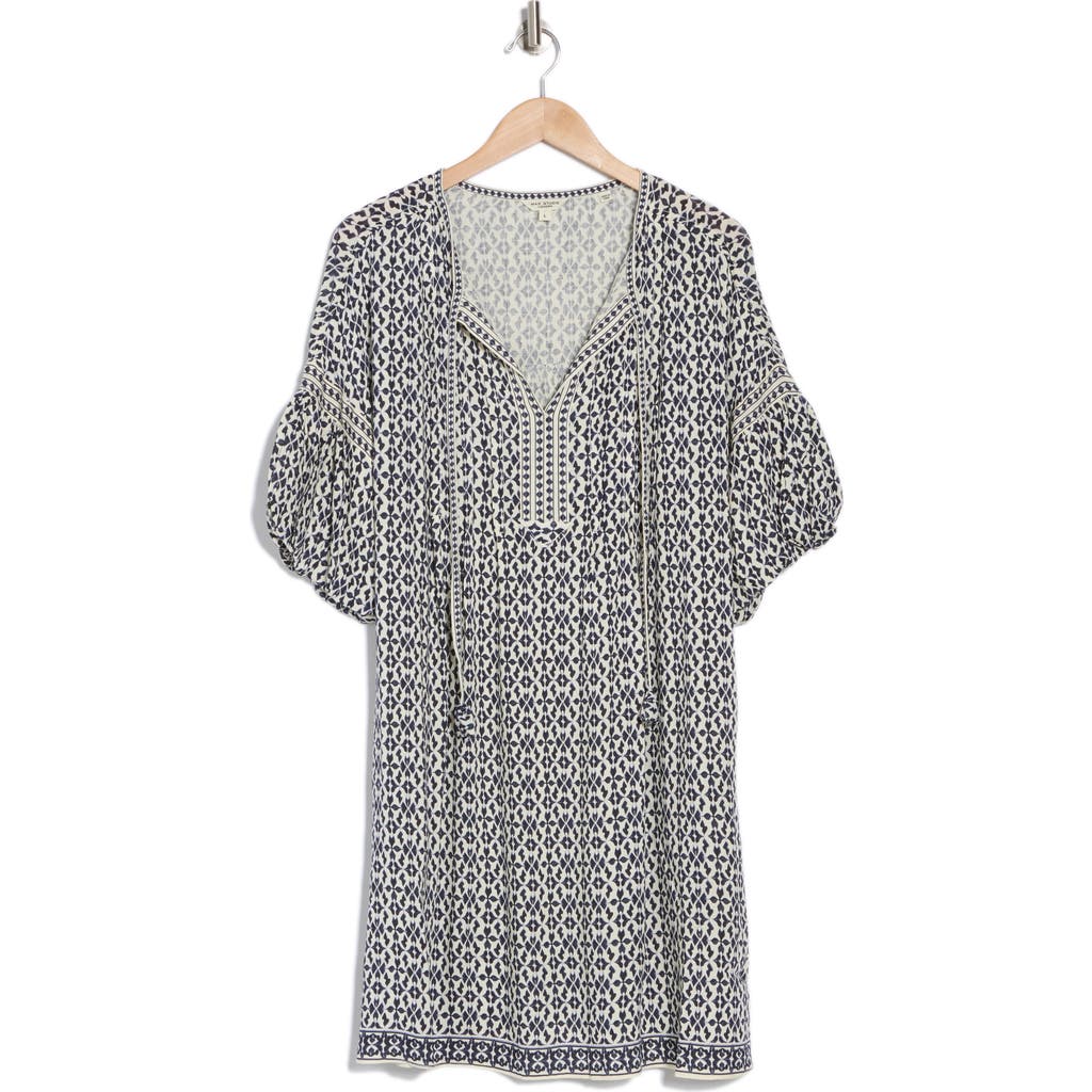 Max Studio Floral Puff Sleeve Shift Dress In Indigo/cream Ornate Elegance