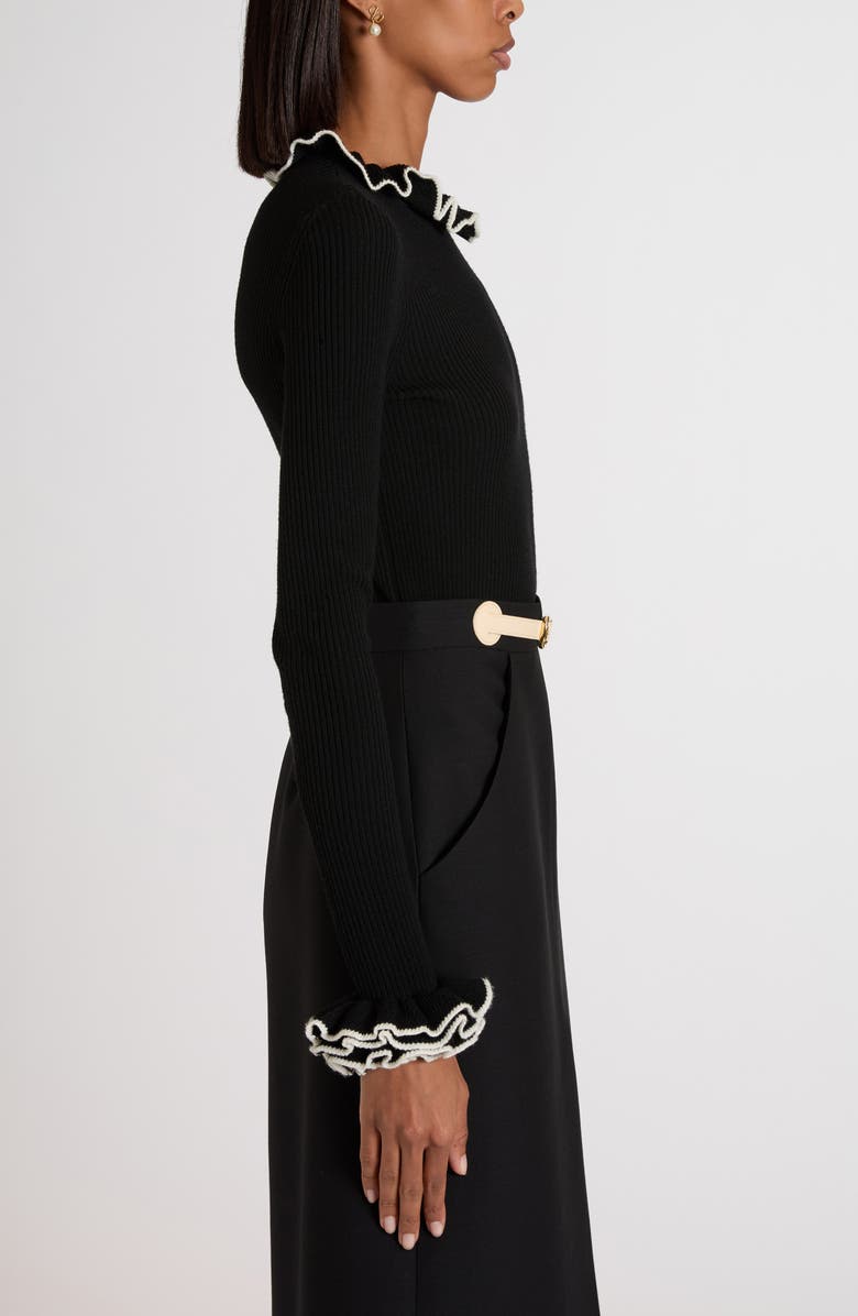 Valentino Garavani Ruffle Trim Rib Virgin Wool Sweater, Alternate, color, Ivory/ Black