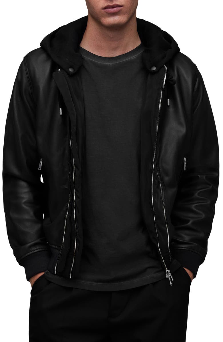 AllSaints Valk Hooded Moto Leather Jacket, Main, color, 