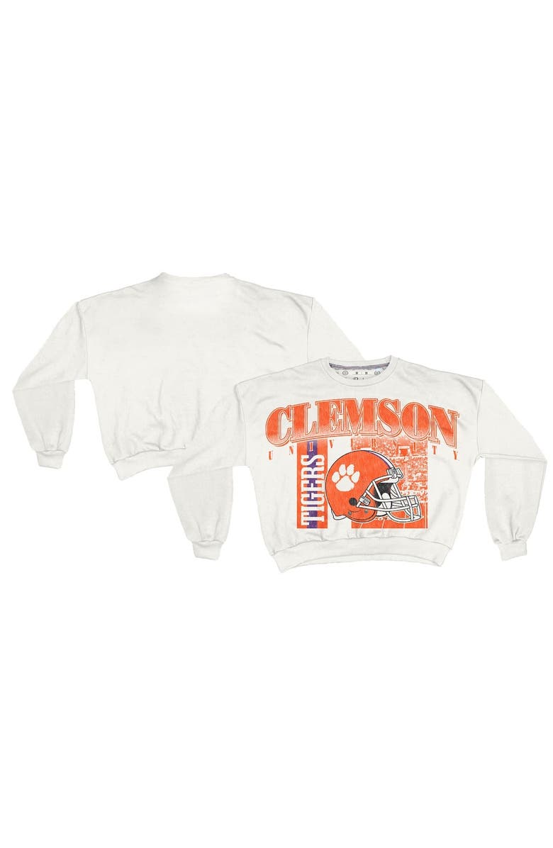 PRESSBOX Women's Pressbox White Clemson Tigers Oversized Janice Retro Waist-Length Sweatshirt, Main, color, White