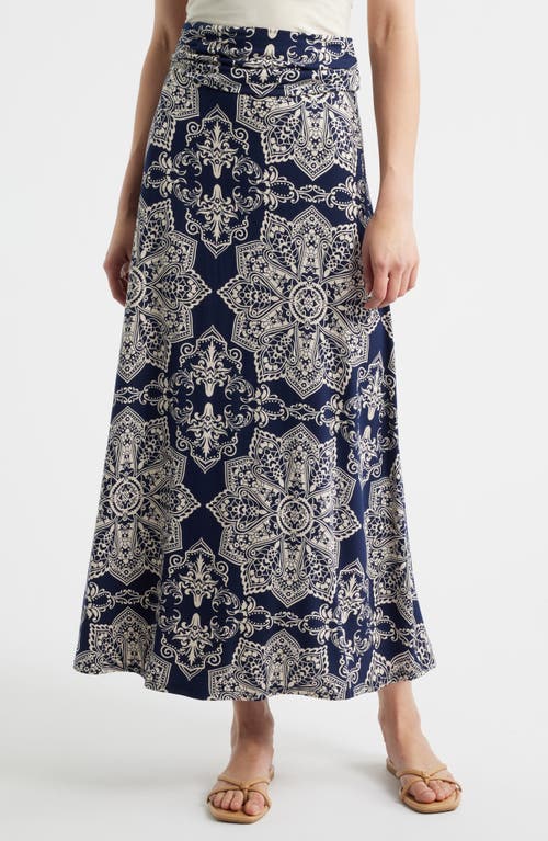 Loveappella Roll Top Print Maxi Skirt In Blue