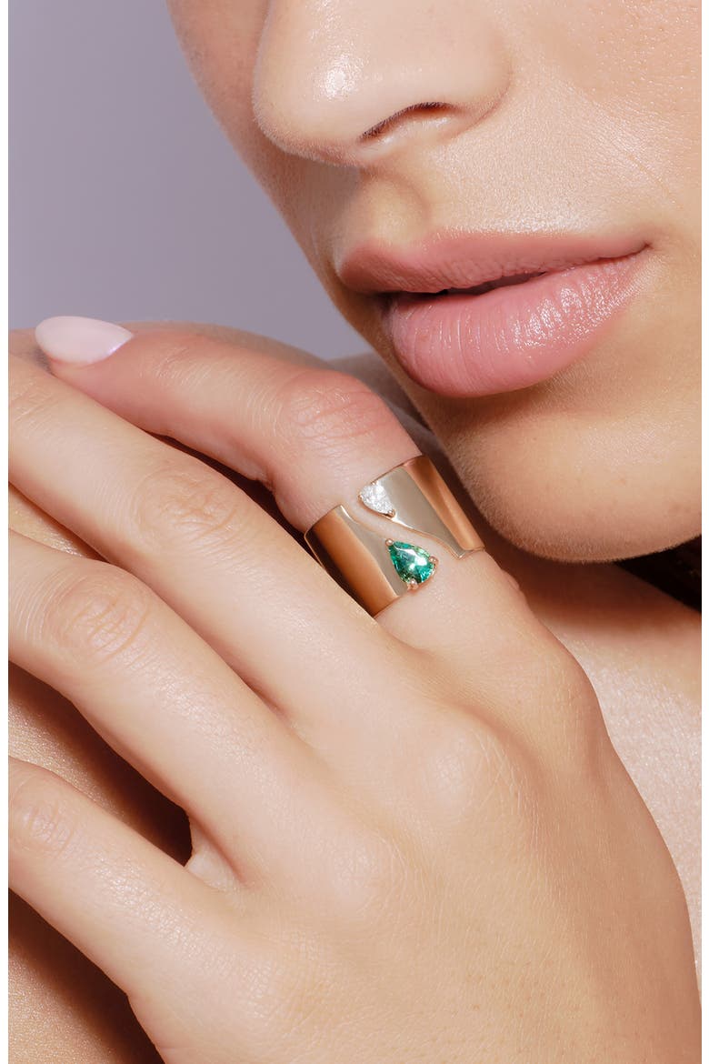 Emerald & Diamond Cigar Band Open Ring, Alternate, color, YELLOW GOLD
