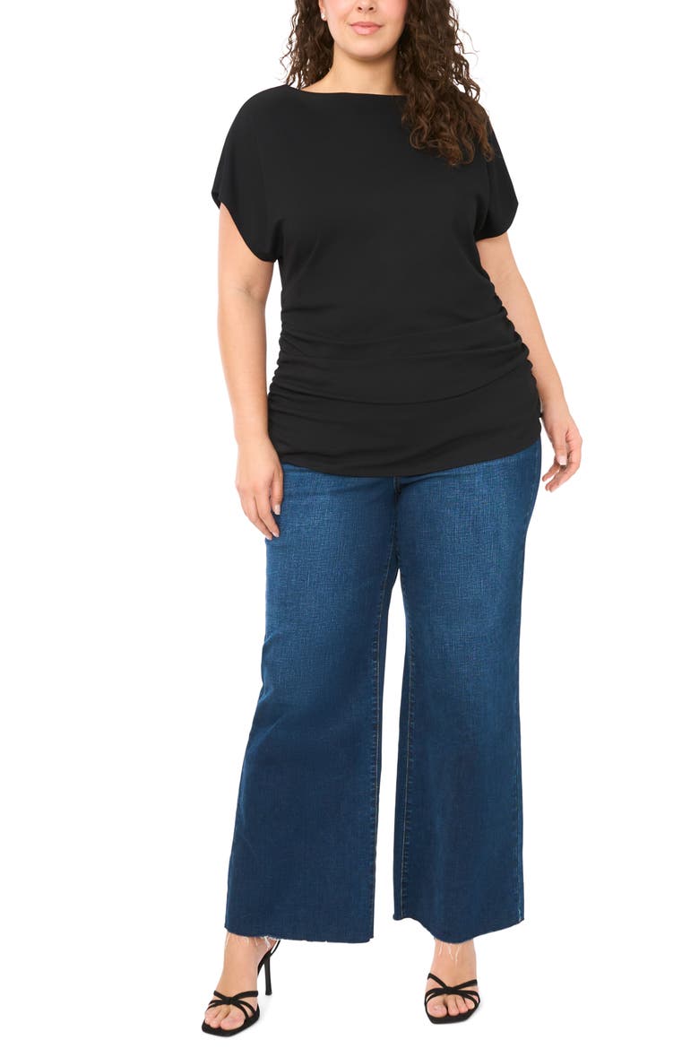Shirred Dolman Short Sleeve Ponte Top, Alternate, color, RICH BLACK 060