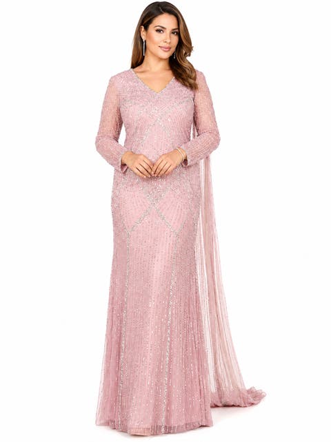 Long Sleeve Beaded Gown with Cape