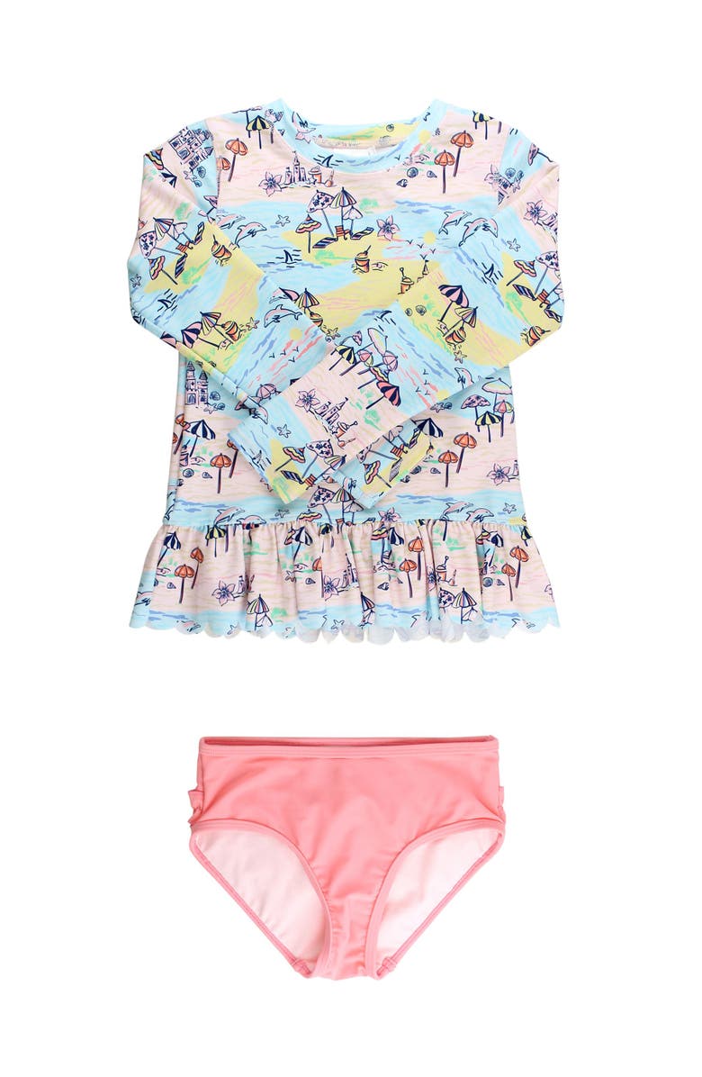 RuffleButts Girls UPF50+ Sun Protected Scallop Hem Long Sleeve Rash Guard Bikini, Main, color, Beach Day